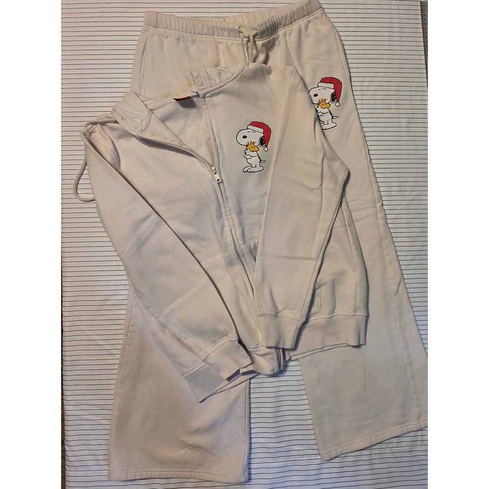 1258 Peanuts Snoopy Christmas Hoodie Sweatpants Set Cream Small Merry and Bright